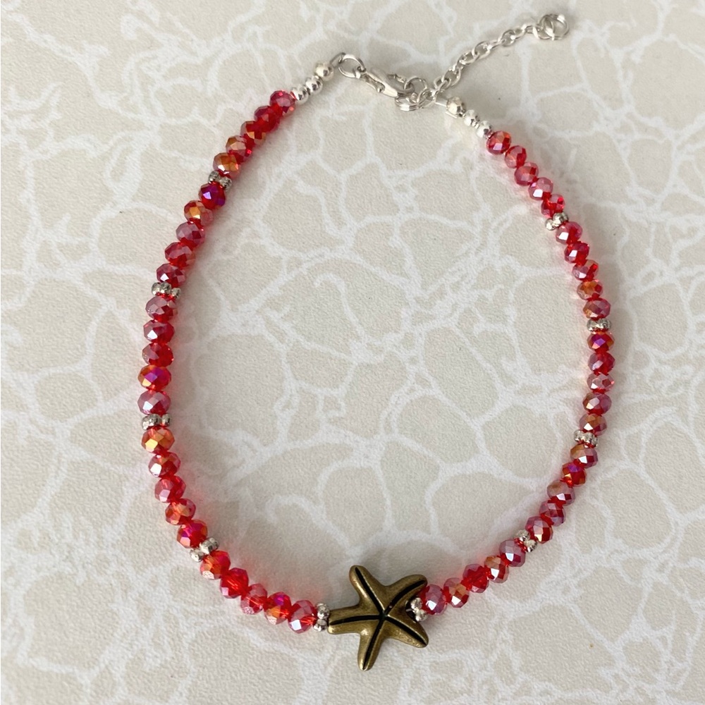 Red Crystal Beaded Ankle Bracelet with Starfish Accent